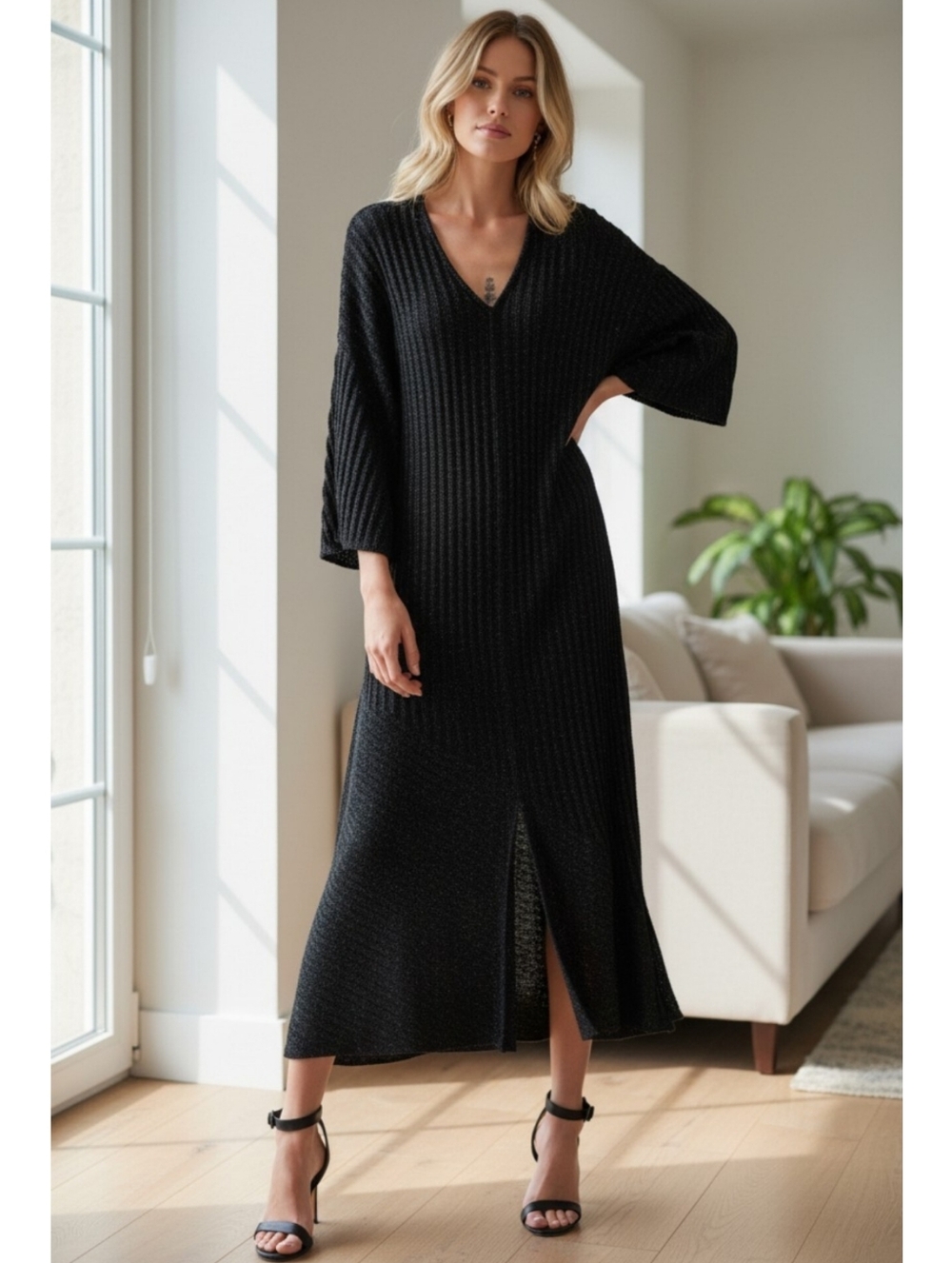 Zara medium ribbed knit button maxi dress black glitter short sleeves classic